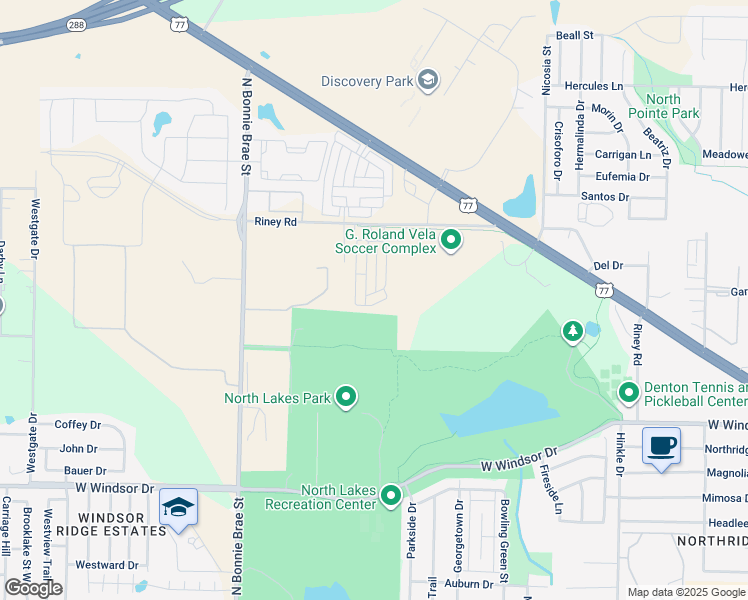 map of restaurants, bars, coffee shops, grocery stores, and more near 3201 Solana Circle in Denton