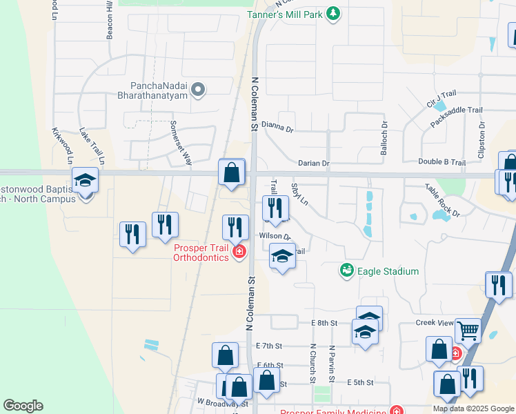 map of restaurants, bars, coffee shops, grocery stores, and more near 141 Gray Lane in Prosper