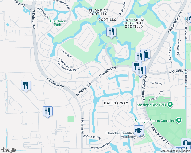 map of restaurants, bars, coffee shops, grocery stores, and more near 1929 West Periwinkle Way in Chandler