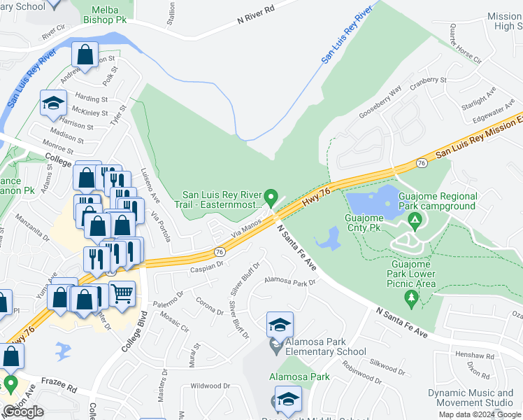 map of restaurants, bars, coffee shops, grocery stores, and more near 5094 Via Manos in Oceanside