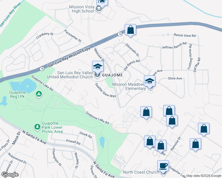 map of restaurants, bars, coffee shops, grocery stores, and more near 1675 Bronco Way in Oceanside