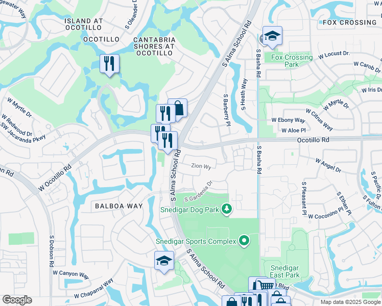 map of restaurants, bars, coffee shops, grocery stores, and more near 965 West Yellowstone Way in Chandler