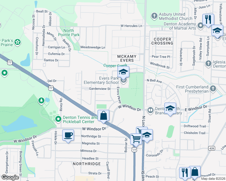 map of restaurants, bars, coffee shops, grocery stores, and more near 3221 Evers Parkway in Denton