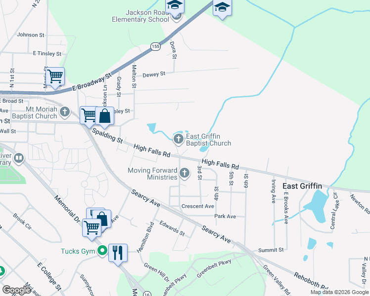 map of restaurants, bars, coffee shops, grocery stores, and more near 1005 High Falls Road in Griffin