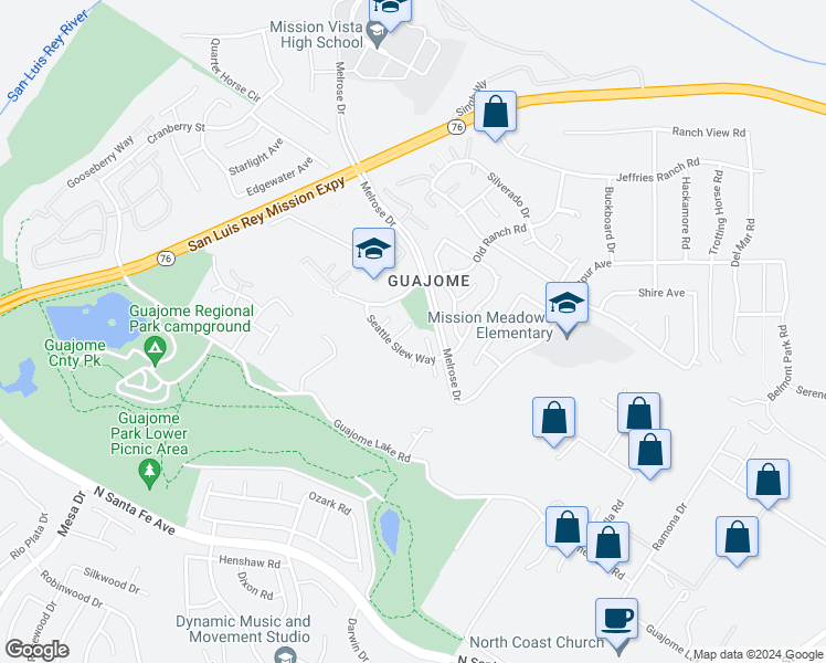 map of restaurants, bars, coffee shops, grocery stores, and more near 1675 Mustang Way in Oceanside
