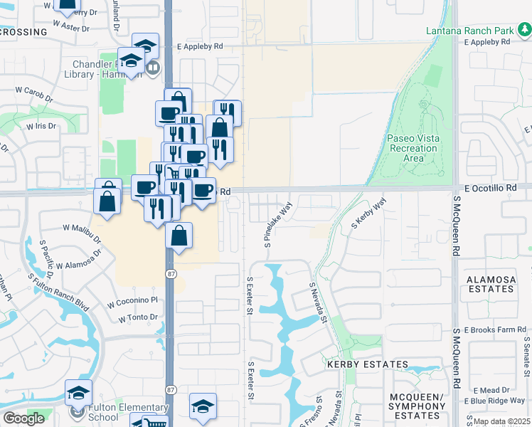 map of restaurants, bars, coffee shops, grocery stores, and more near 4100 South Pinelake Way in Chandler