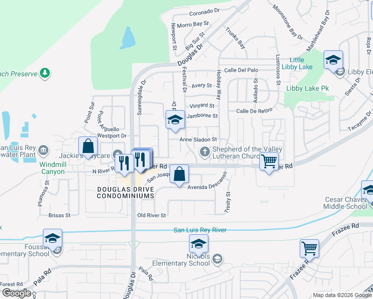 map of restaurants, bars, coffee shops, grocery stores, and more near 4418 Jill Street in Oceanside