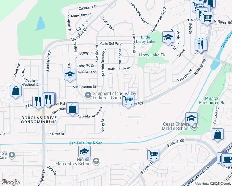 map of restaurants, bars, coffee shops, grocery stores, and more near 257 Riverview Way in Oceanside