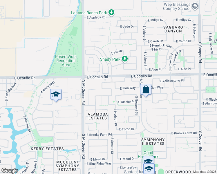 map of restaurants, bars, coffee shops, grocery stores, and more near 1223 East Zion Way in Chandler
