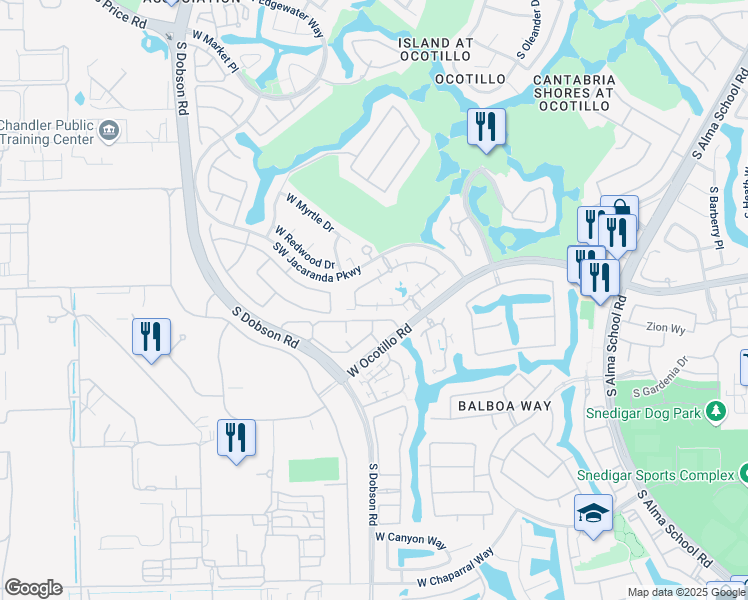 map of restaurants, bars, coffee shops, grocery stores, and more near 2031 West Periwinkle Way in Chandler