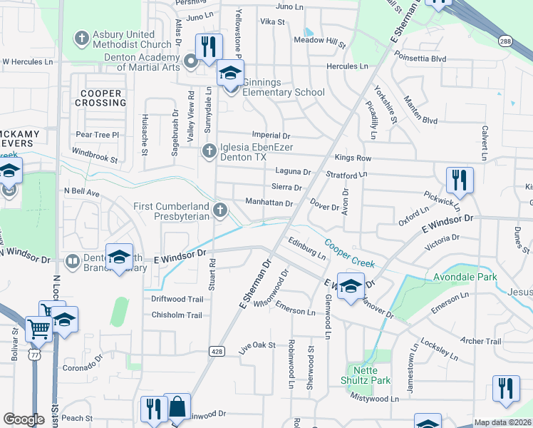 map of restaurants, bars, coffee shops, grocery stores, and more near 1001 Monterey Drive in Denton