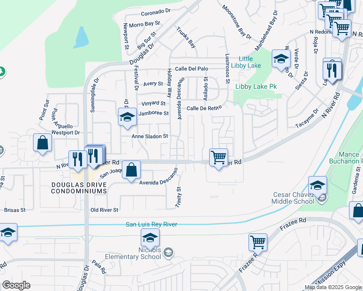 map of restaurants, bars, coffee shops, grocery stores, and more near 195 Avenida Descanso in Oceanside