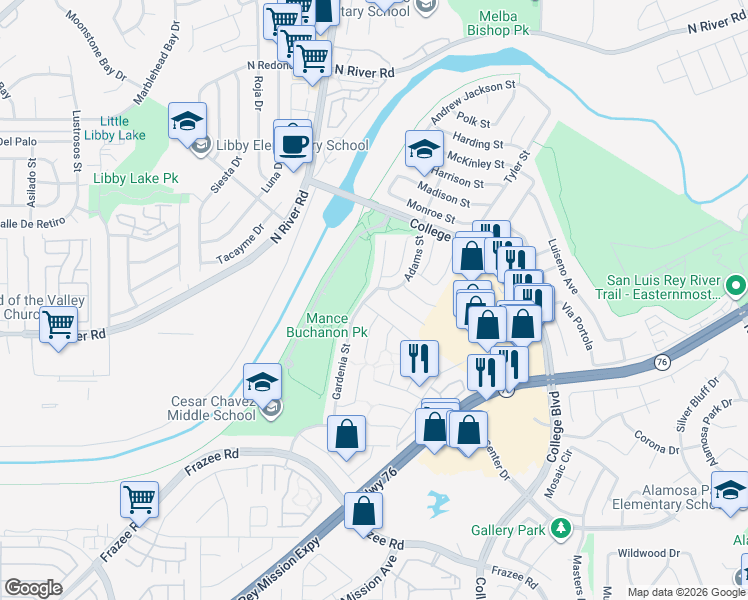 map of restaurants, bars, coffee shops, grocery stores, and more near 4859 Gardenia Street in Oceanside