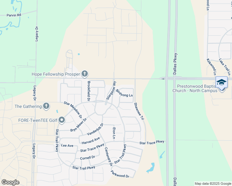 map of restaurants, bars, coffee shops, grocery stores, and more near 960 Shooting Star Drive in Prosper