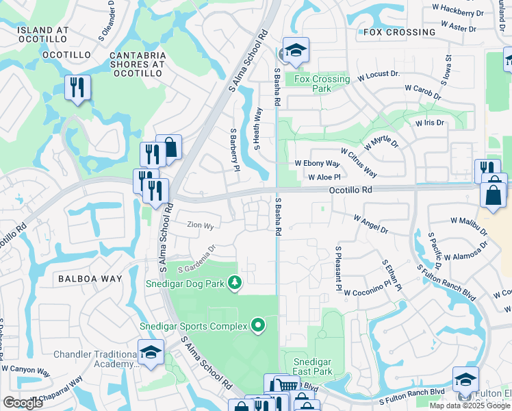 map of restaurants, bars, coffee shops, grocery stores, and more near 4077 South Sabrina Drive in Chandler