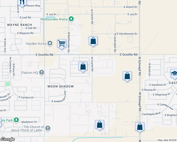 map of restaurants, bars, coffee shops, grocery stores, and more near 2527 East Meadow Creek Way in Queen Creek