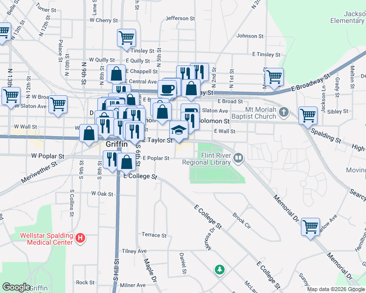 map of restaurants, bars, coffee shops, grocery stores, and more near 414 East Taylor Street in Griffin