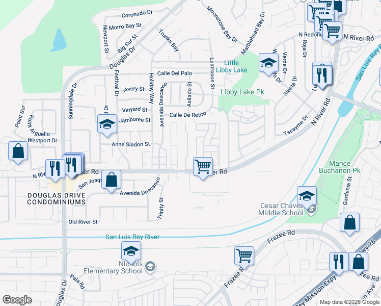 map of restaurants, bars, coffee shops, grocery stores, and more near 264 Riverview Way in Oceanside
