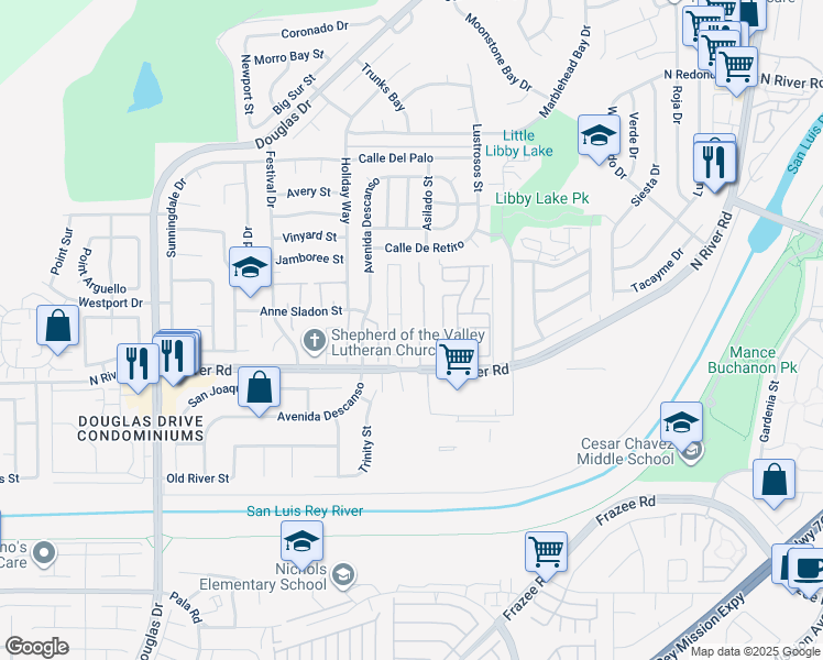 map of restaurants, bars, coffee shops, grocery stores, and more near 255 Riverview Way in Oceanside