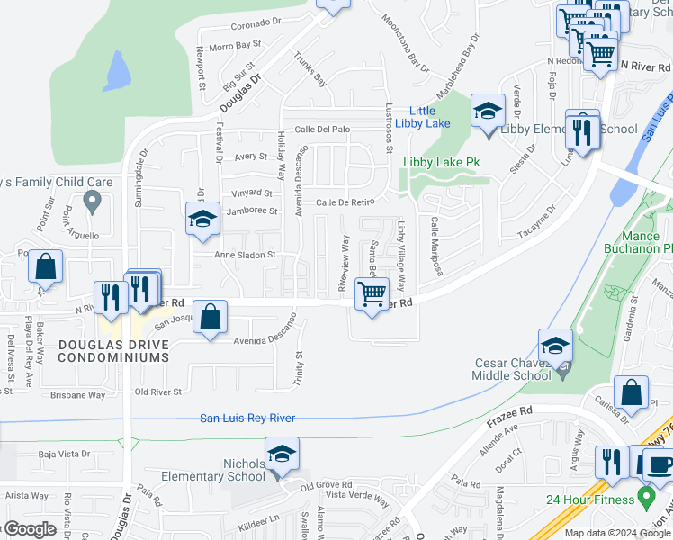 map of restaurants, bars, coffee shops, grocery stores, and more near 259 Riverview Way in Oceanside