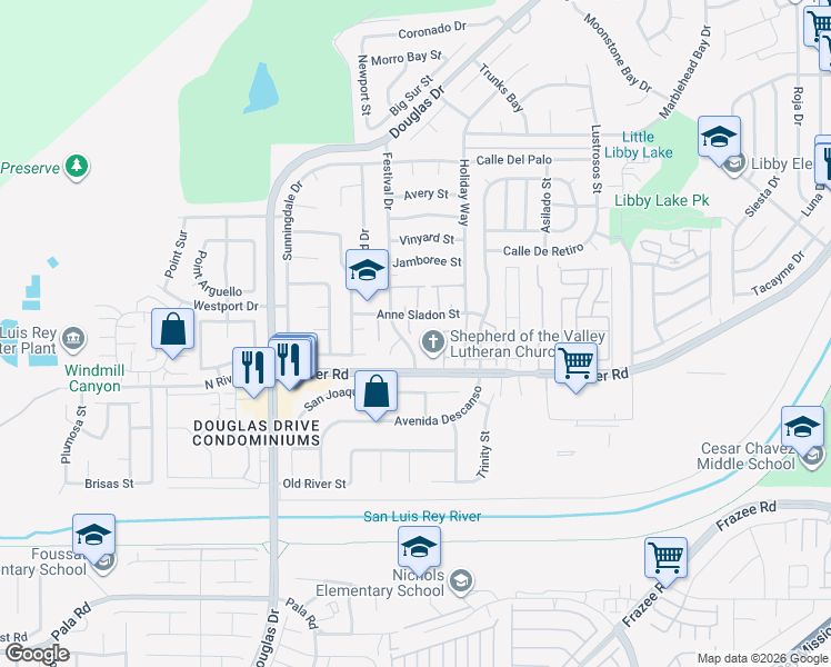 map of restaurants, bars, coffee shops, grocery stores, and more near 4510 North River Road in Oceanside