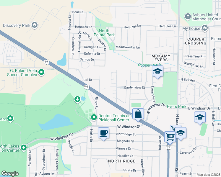 map of restaurants, bars, coffee shops, grocery stores, and more near 609 Meadow View Court in Denton