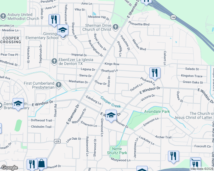 map of restaurants, bars, coffee shops, grocery stores, and more near 3213 Avon Drive in Denton