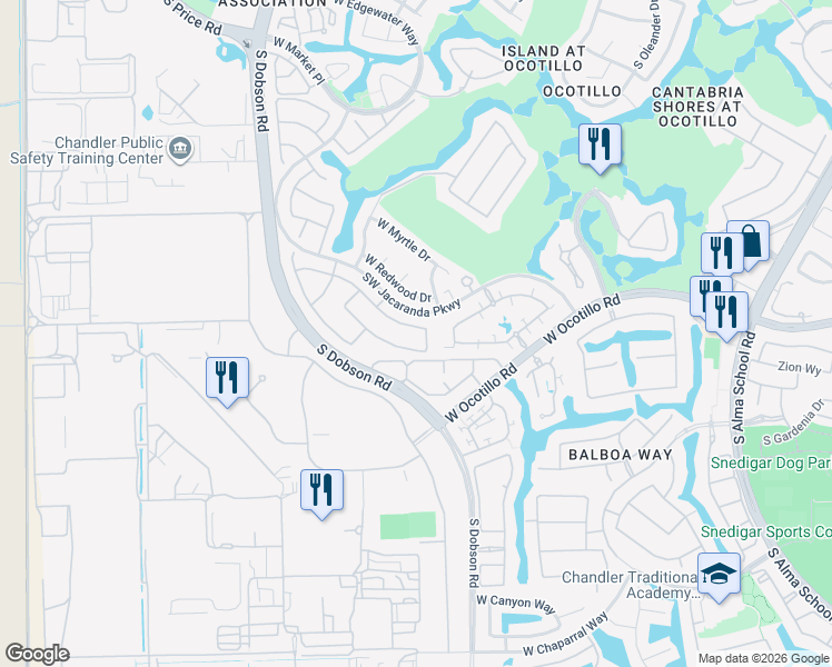 map of restaurants, bars, coffee shops, grocery stores, and more near 2155 West Olive Way in Chandler