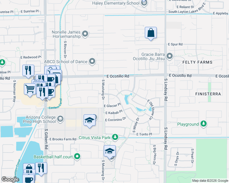 map of restaurants, bars, coffee shops, grocery stores, and more near 3581 East Zion Way in Chandler