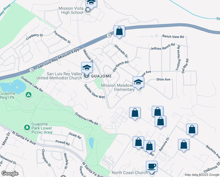map of restaurants, bars, coffee shops, grocery stores, and more near 1683 Appaloosa Way in Oceanside