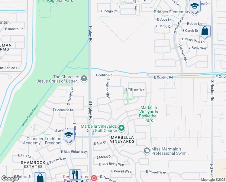 map of restaurants, bars, coffee shops, grocery stores, and more near 3367 East Tiffany Court in Gilbert
