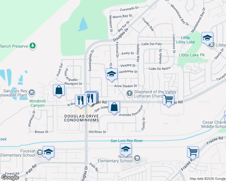 map of restaurants, bars, coffee shops, grocery stores, and more near 4517 Meadowrun Drive in Oceanside