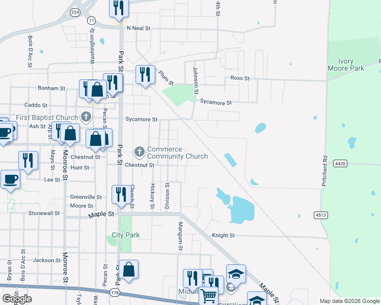 map of restaurants, bars, coffee shops, grocery stores, and more near 804 Clark Street in Commerce