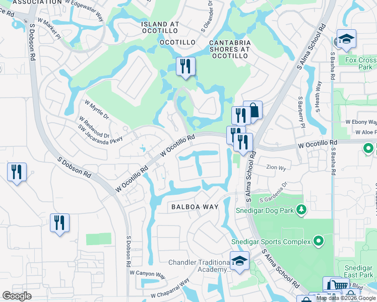 map of restaurants, bars, coffee shops, grocery stores, and more near 1712 West Zion Place in Chandler