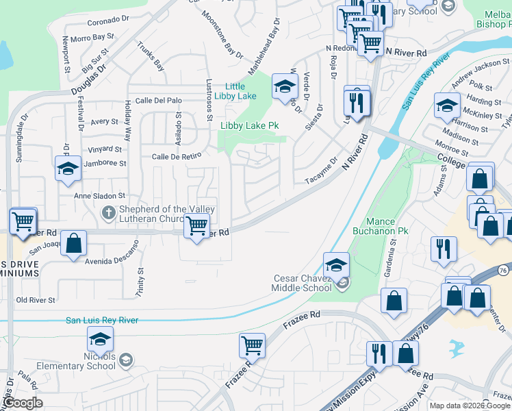 map of restaurants, bars, coffee shops, grocery stores, and more near 4731 Calle Estrella in Oceanside