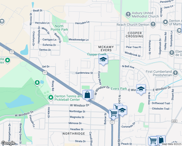 map of restaurants, bars, coffee shops, grocery stores, and more near 301 Gabe Court in Denton
