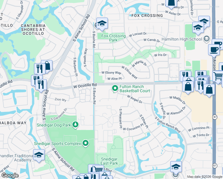 map of restaurants, bars, coffee shops, grocery stores, and more near 927 West Yellowstone Way in Chandler