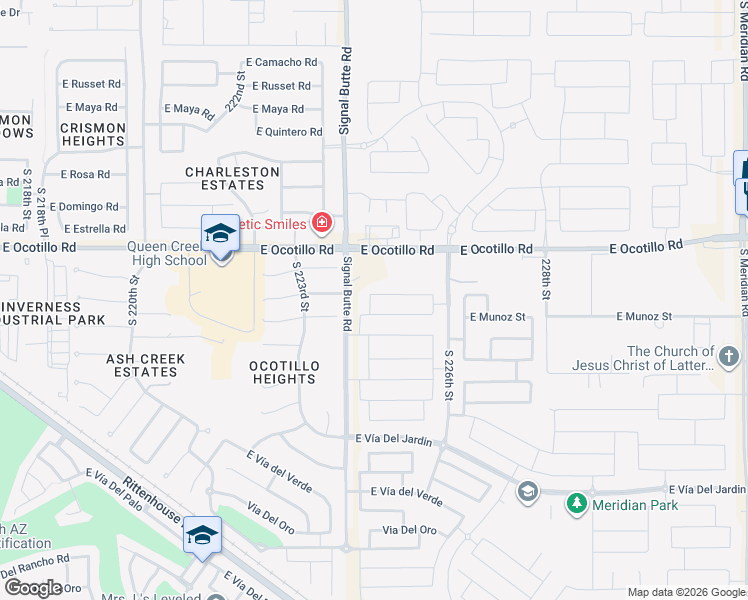map of restaurants, bars, coffee shops, grocery stores, and more near 22467 East Munoz Street in Queen Creek