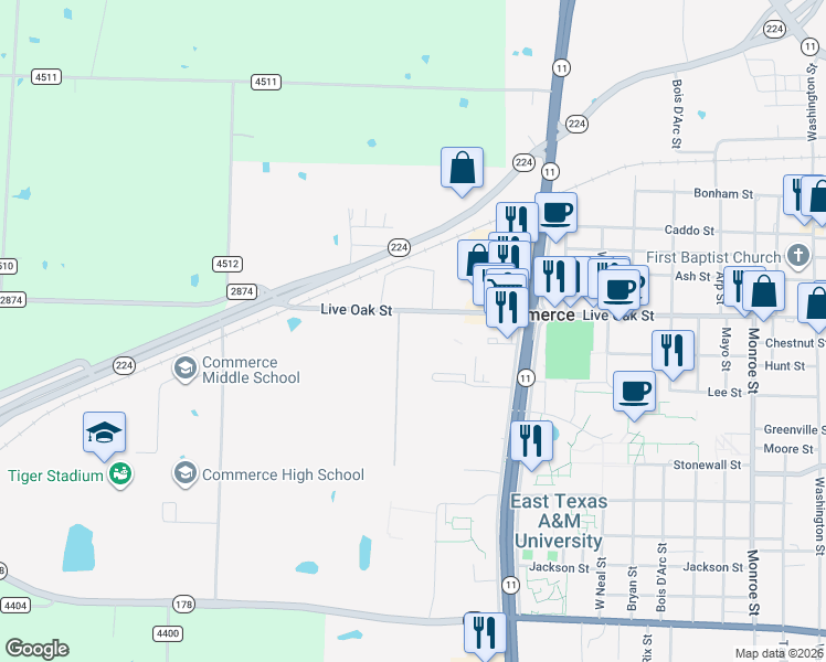 map of restaurants, bars, coffee shops, grocery stores, and more near 2231 Live Oak Street in Commerce