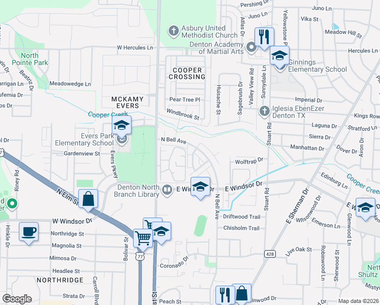 map of restaurants, bars, coffee shops, grocery stores, and more near 3232 North Locust Street in Denton