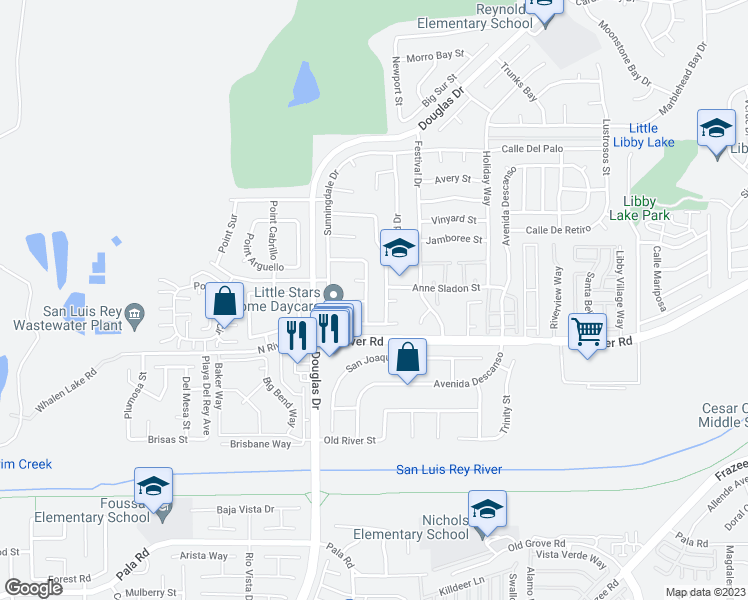 map of restaurants, bars, coffee shops, grocery stores, and more near 684 Thunderbird Drive in Oceanside