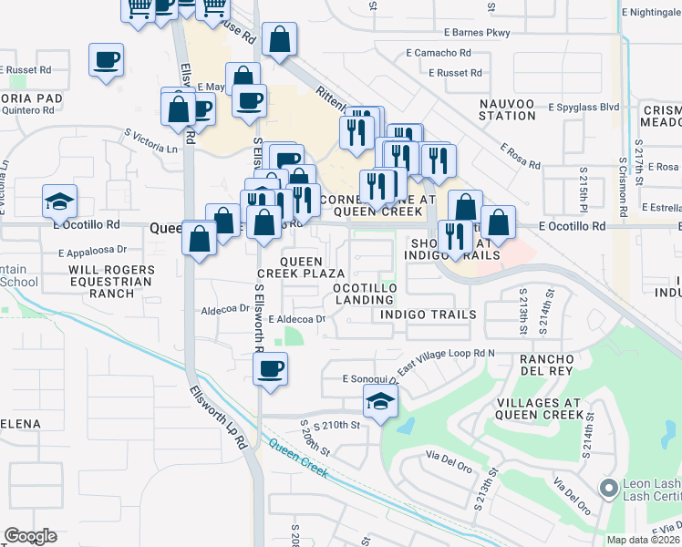 map of restaurants, bars, coffee shops, grocery stores, and more near 22280 South 209th Way in Queen Creek