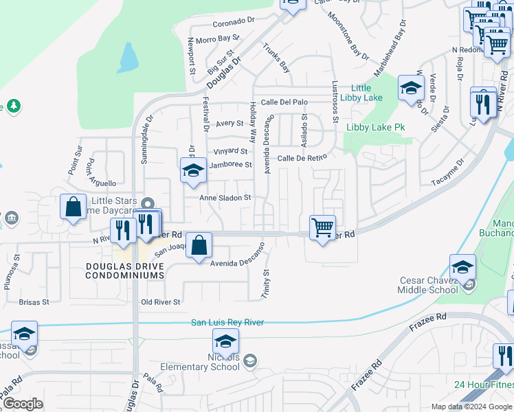 map of restaurants, bars, coffee shops, grocery stores, and more near 190 Avenida Descanso in Oceanside