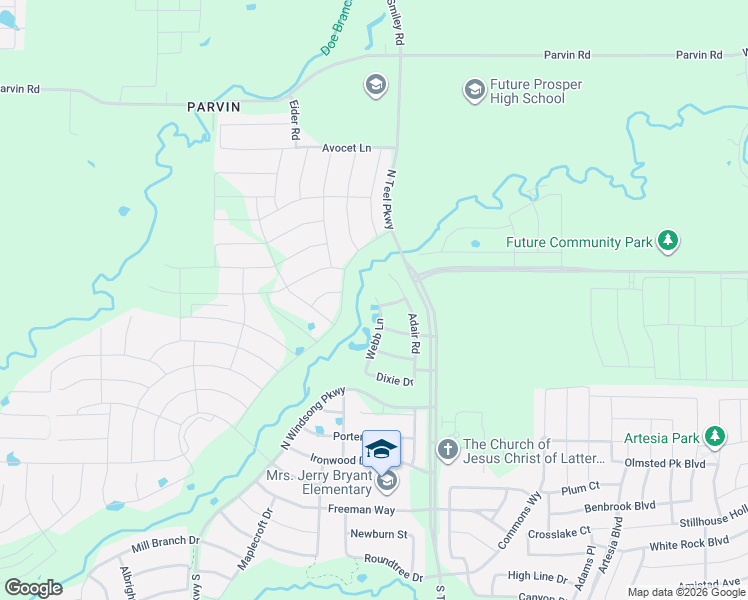 map of restaurants, bars, coffee shops, grocery stores, and more near Prosper Road in Prosper