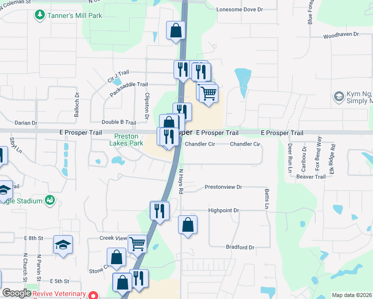 map of restaurants, bars, coffee shops, grocery stores, and more near in Prosper