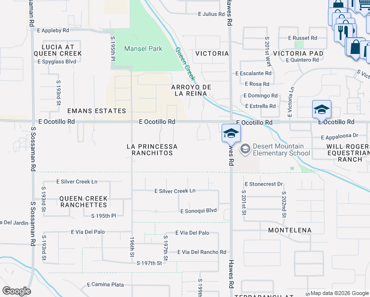 map of restaurants, bars, coffee shops, grocery stores, and more near 19801 East Ocotillo Road in Queen Creek