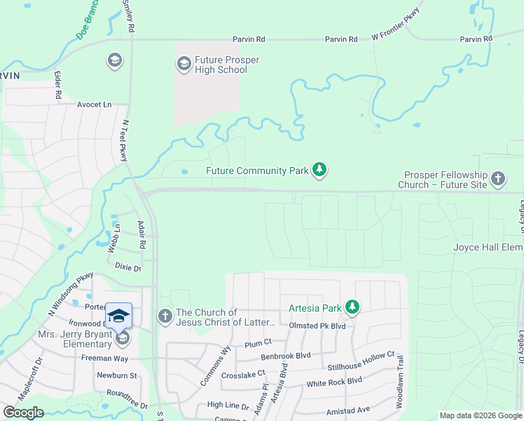 map of restaurants, bars, coffee shops, grocery stores, and more near 16219-16875 Prosper Road in Prosper