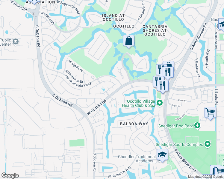 map of restaurants, bars, coffee shops, grocery stores, and more near 1899 West Periwinkle Way in Chandler