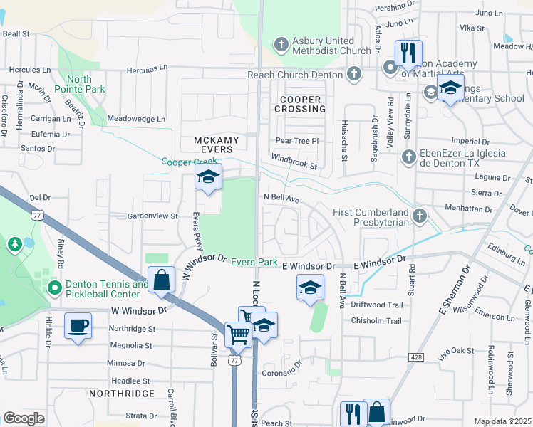 map of restaurants, bars, coffee shops, grocery stores, and more near 3333 North Bell Avenue in Denton