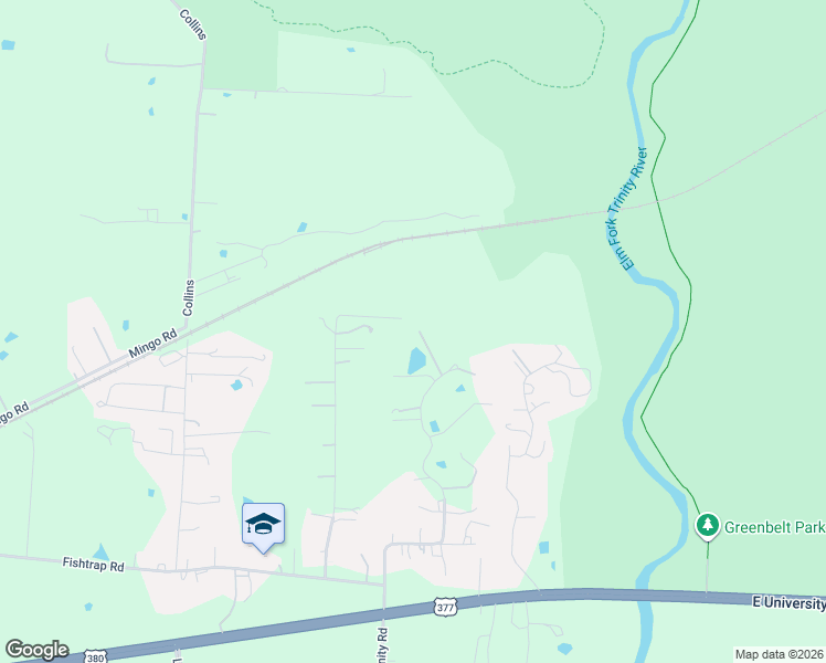 map of restaurants, bars, coffee shops, grocery stores, and more near 3121 North Trinity Road in Denton